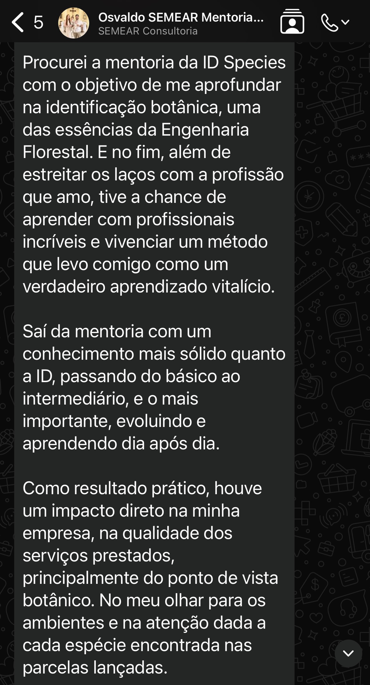 Print de depoimento positivo sobre conteúdo da Id. Species